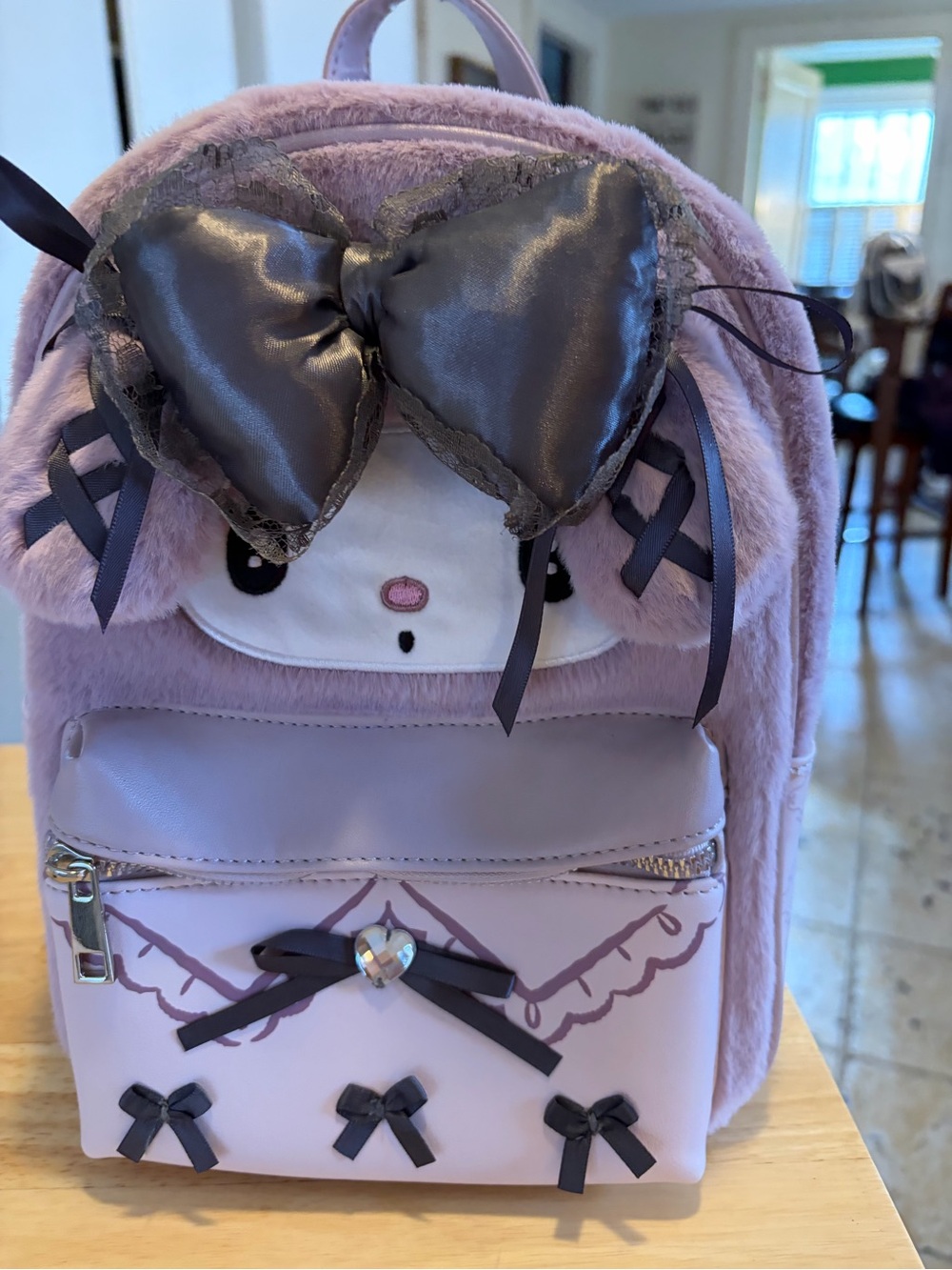 Loungefly Lavender Plush Backpack with Black Satin Bows
